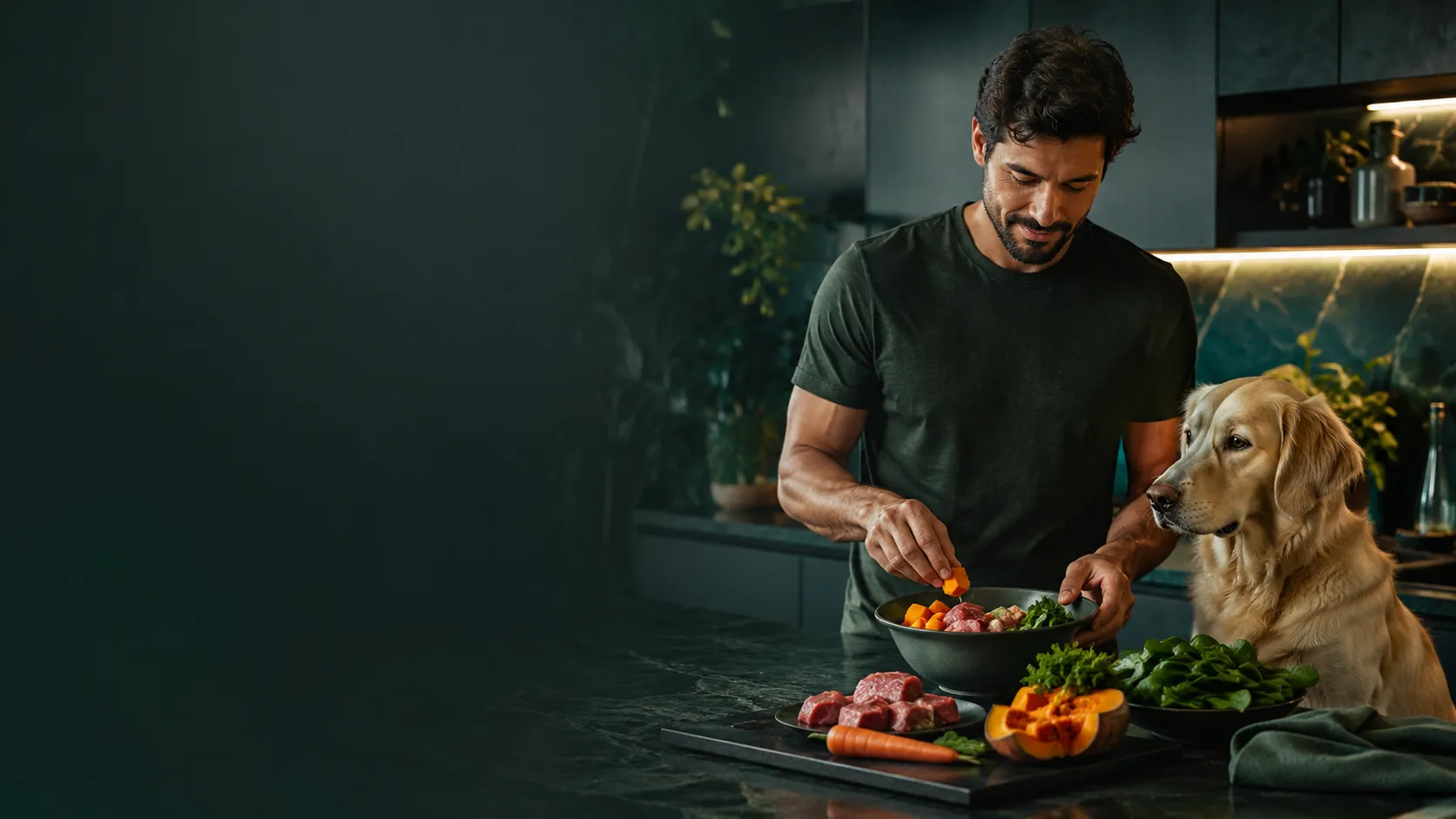 Tutor preparando alimentação natural para cão em ambiente premium e seguro