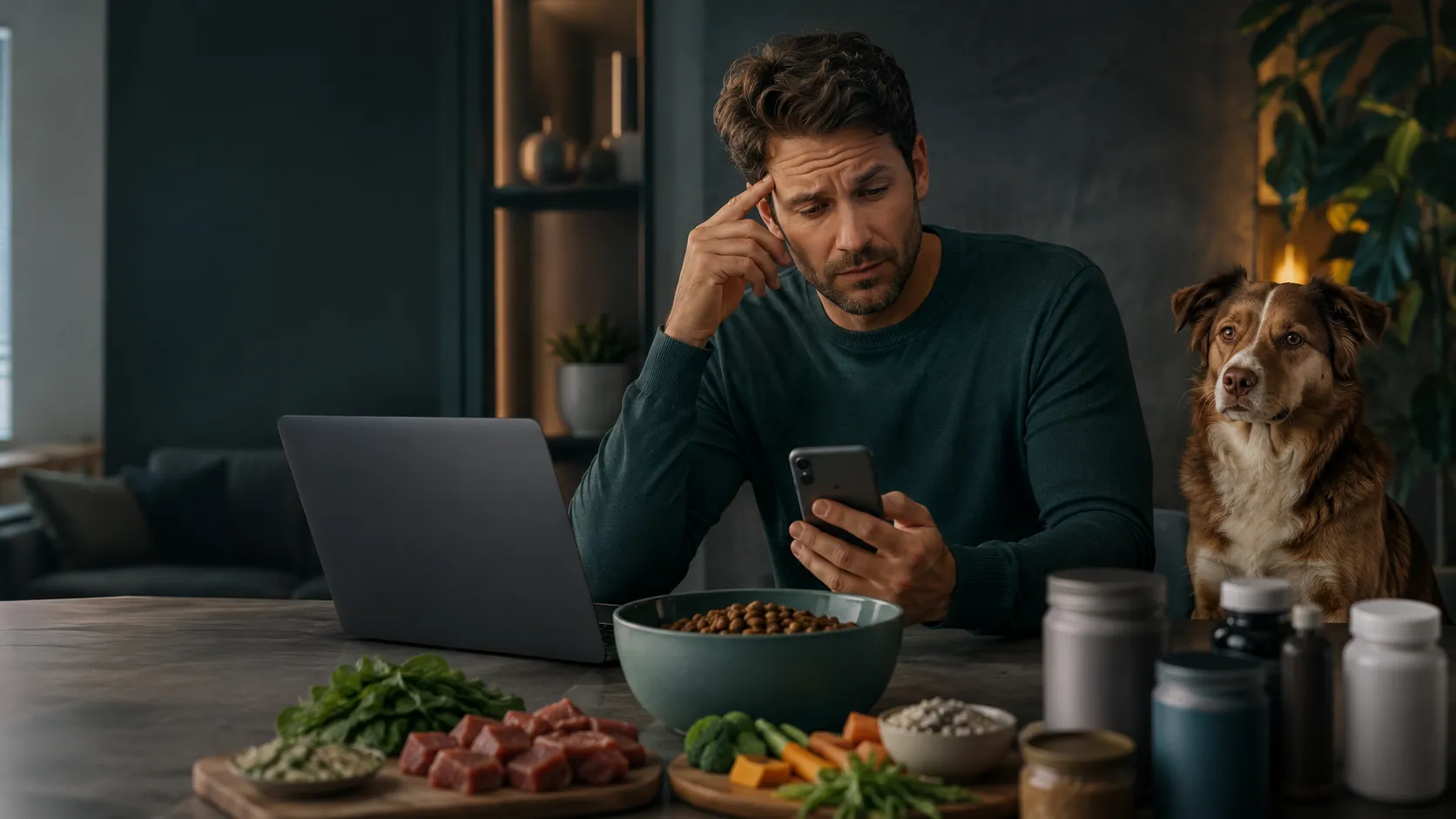 Tutor confuso pesquisando sobre alimentação de cães sem marcas visíveis