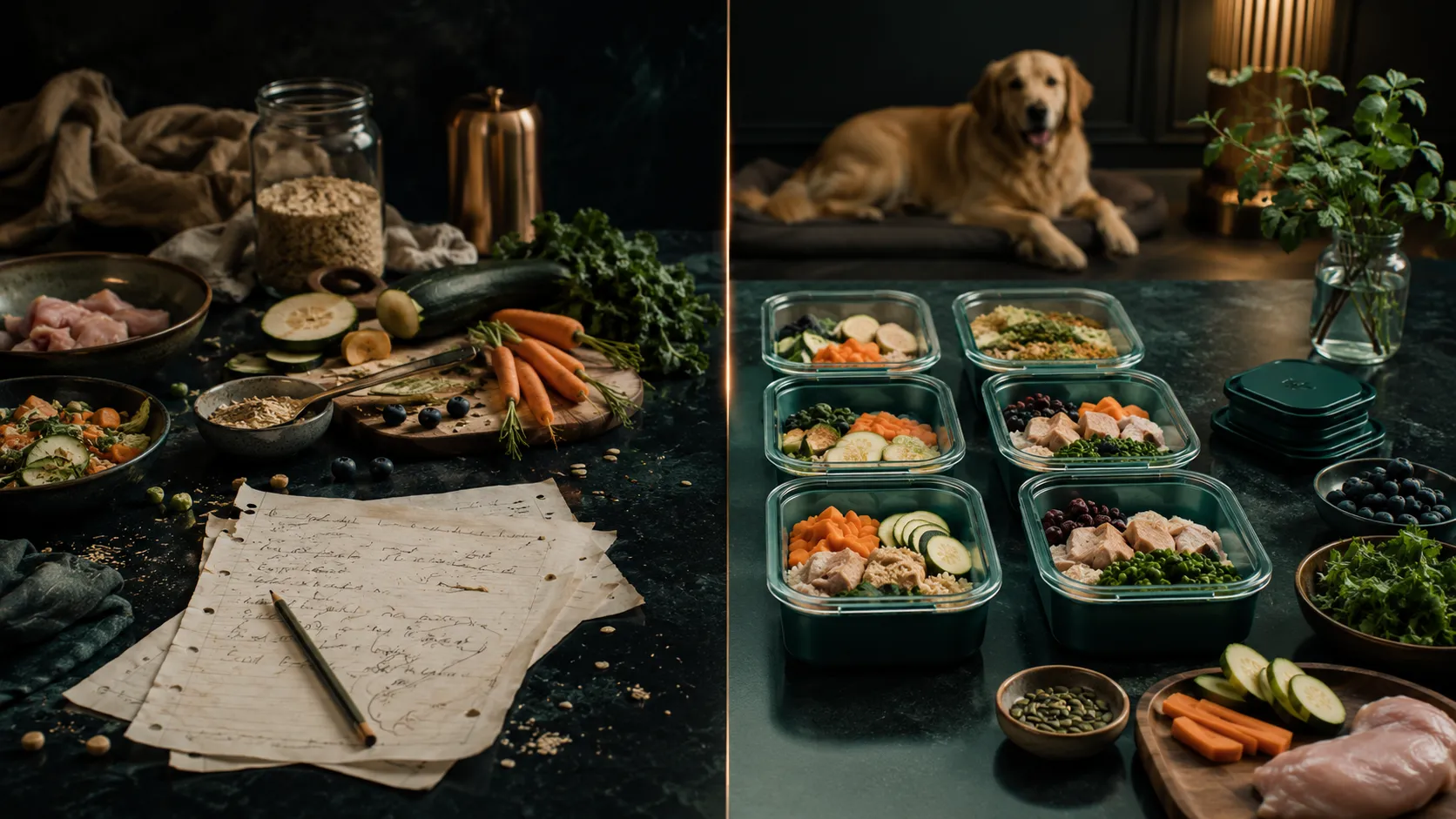 Cena conceitual sobre consequências do improviso alimentar para cães