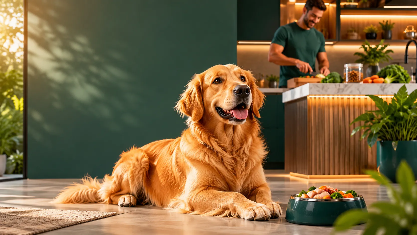 Cão feliz com tutor em rotina de cuidado alimentar organizada