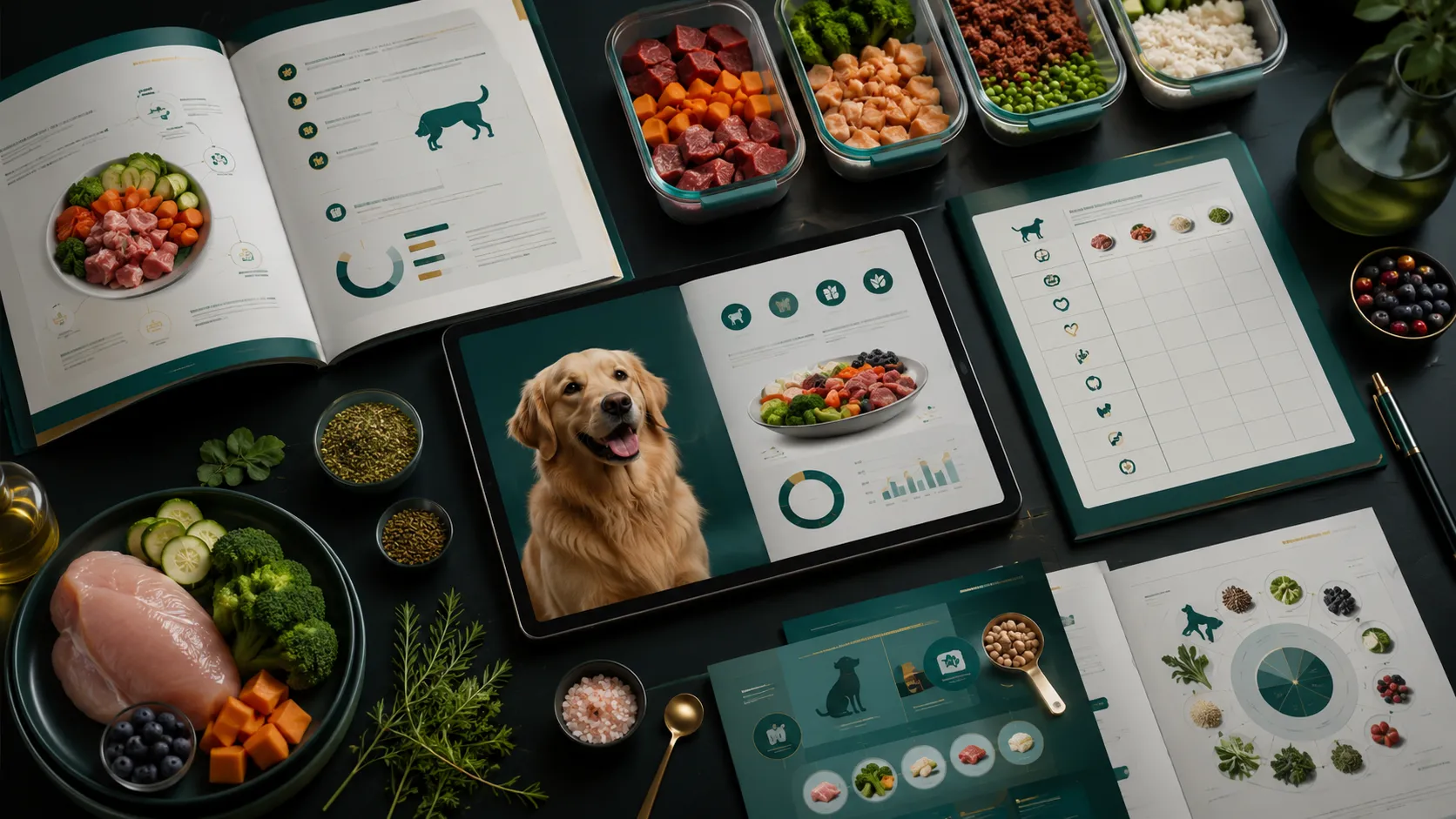 Páginas internas do ebook com receitas, checklist e organização alimentar para cães