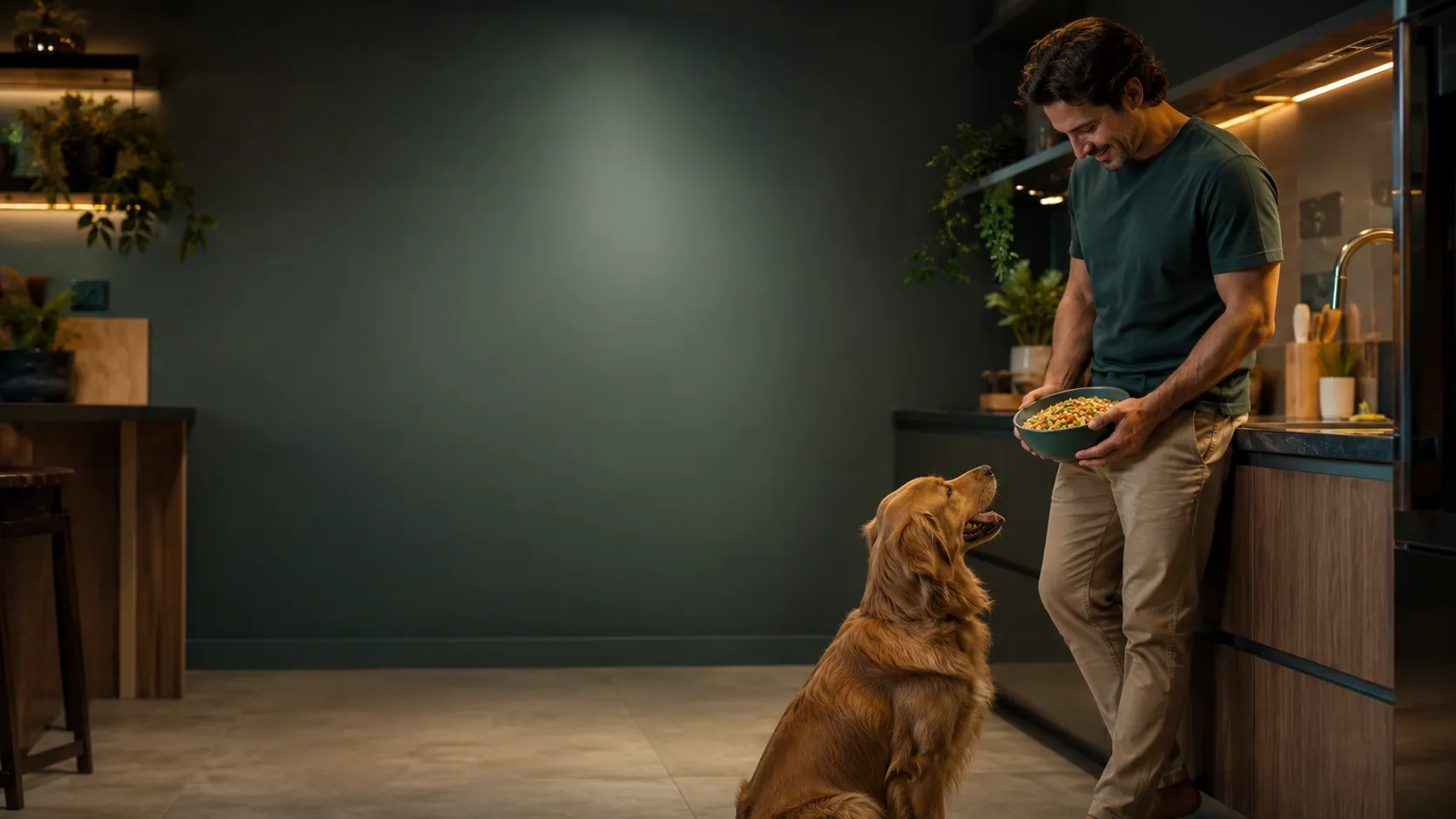 Tutor com cão na cozinha iniciando rotina alimentar natural com segurança