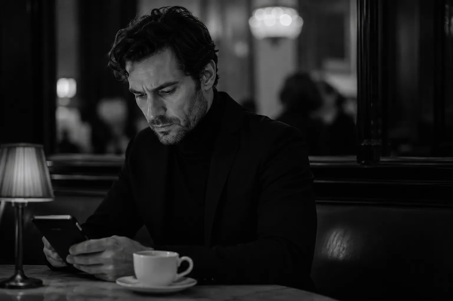 Homem inseguro diante de uma conversa, representando bloqueio e dúvida social
