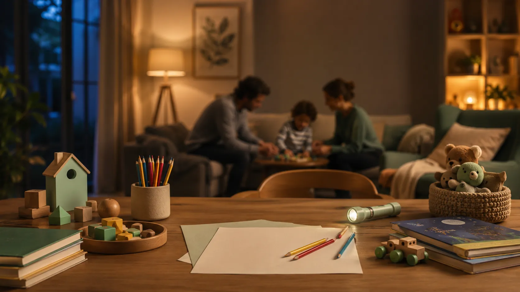 Mesa com materiais simples para brincadeiras criativas sem tela em família