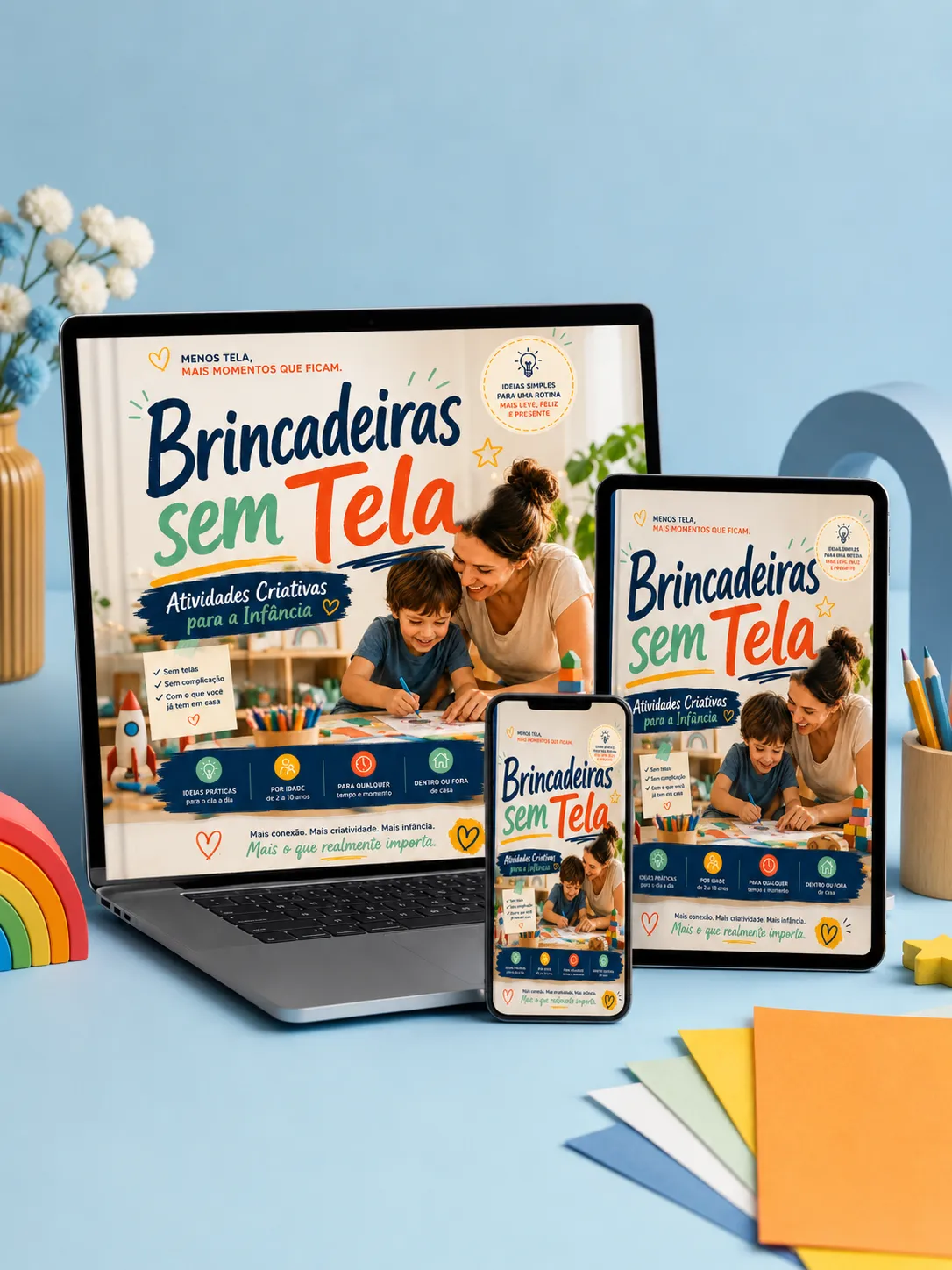 Mockup premium do ebook Brincadeiras Sem Tela em dispositivos digitais