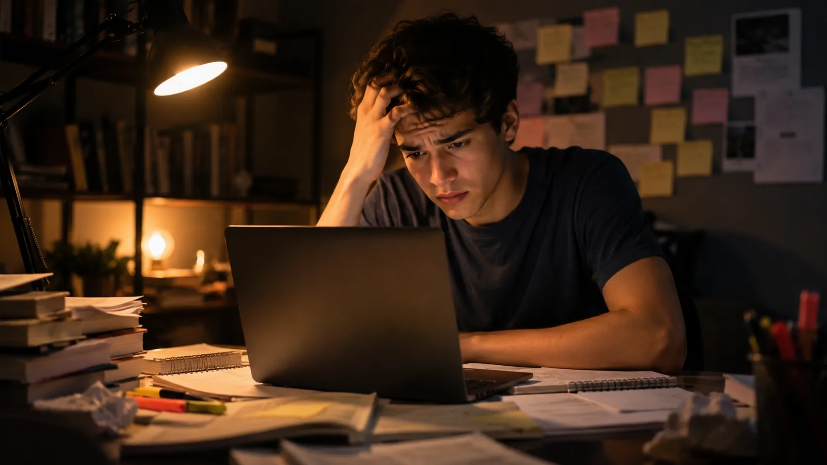 Estudante preocupado diante de notebook e cadernos, representando excesso de conteúdo e falta de direção para o ENEM