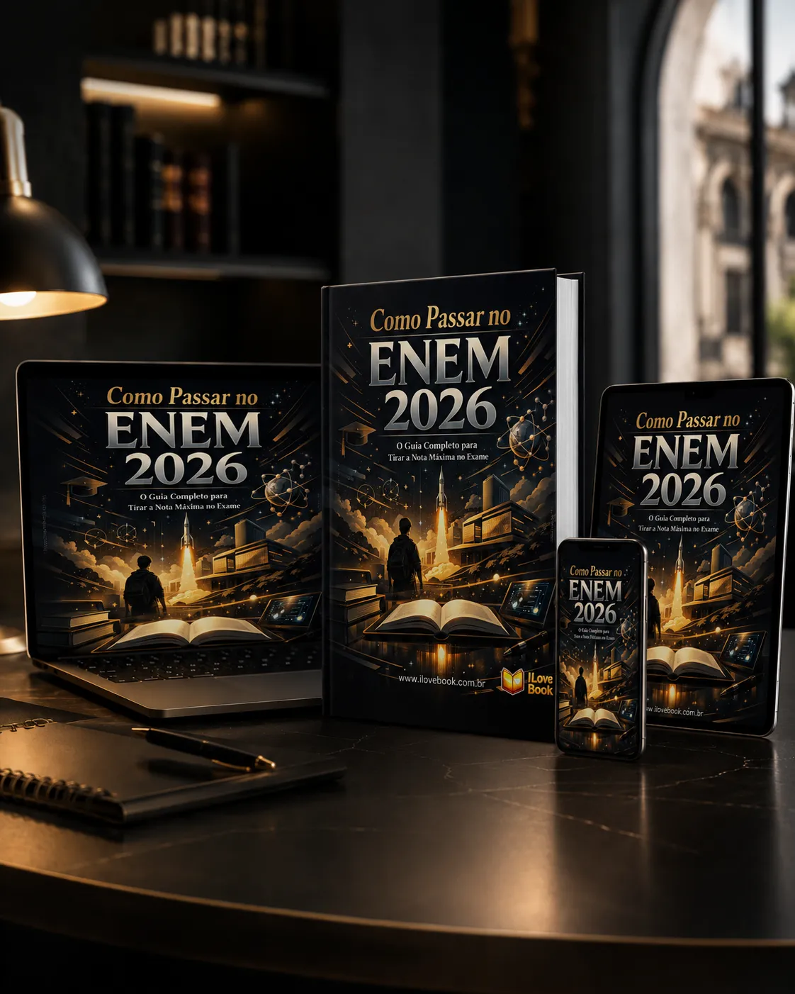 Mockup premium do ebook Como Passar no ENEM 2026 em dispositivos digitais