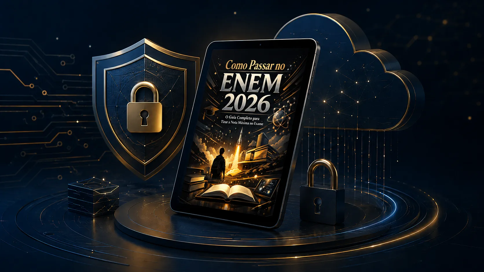 Representação visual de compra digital segura, proteção de dados e acesso ao ebook