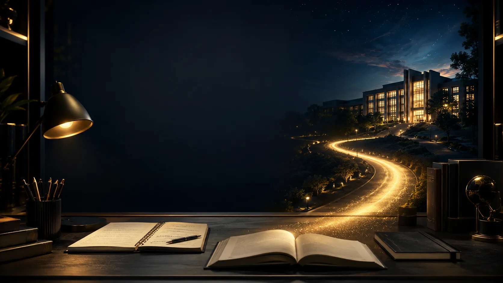 Caminho iluminado em direção à universidade, simbolizando preparação e decisão para o ENEM 2026
