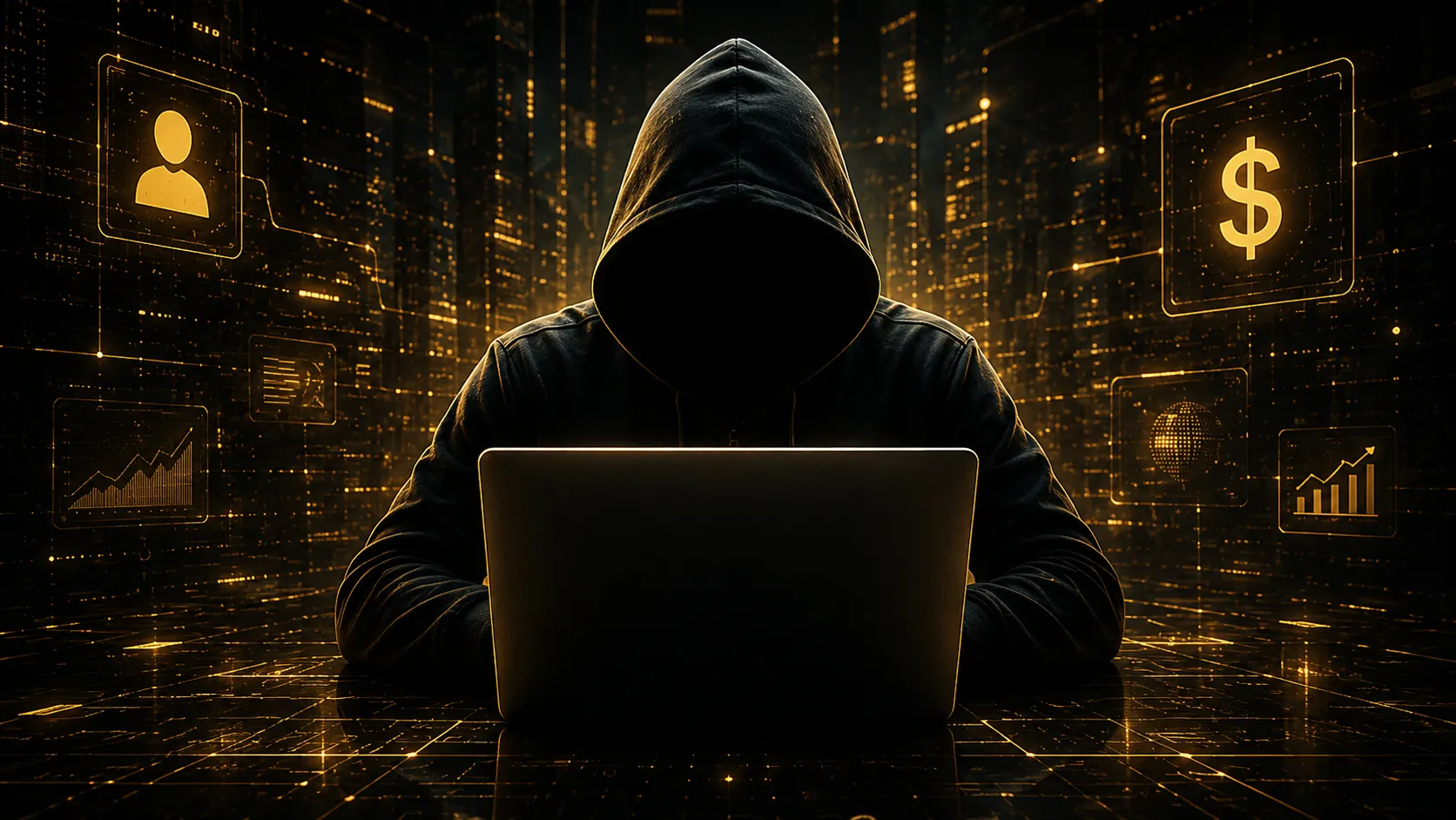 Pessoa anônima usando notebook em ambiente escuro premium, representando criação de infoprodutos com privacidade
