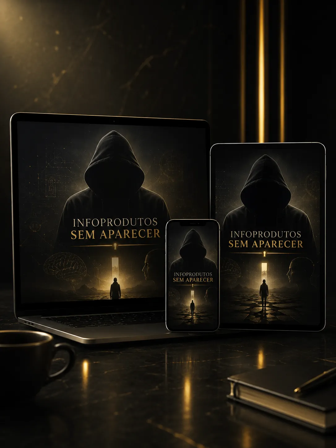 Mockup premium do ebook Infoprodutos Sem Aparecer em dispositivos digitais