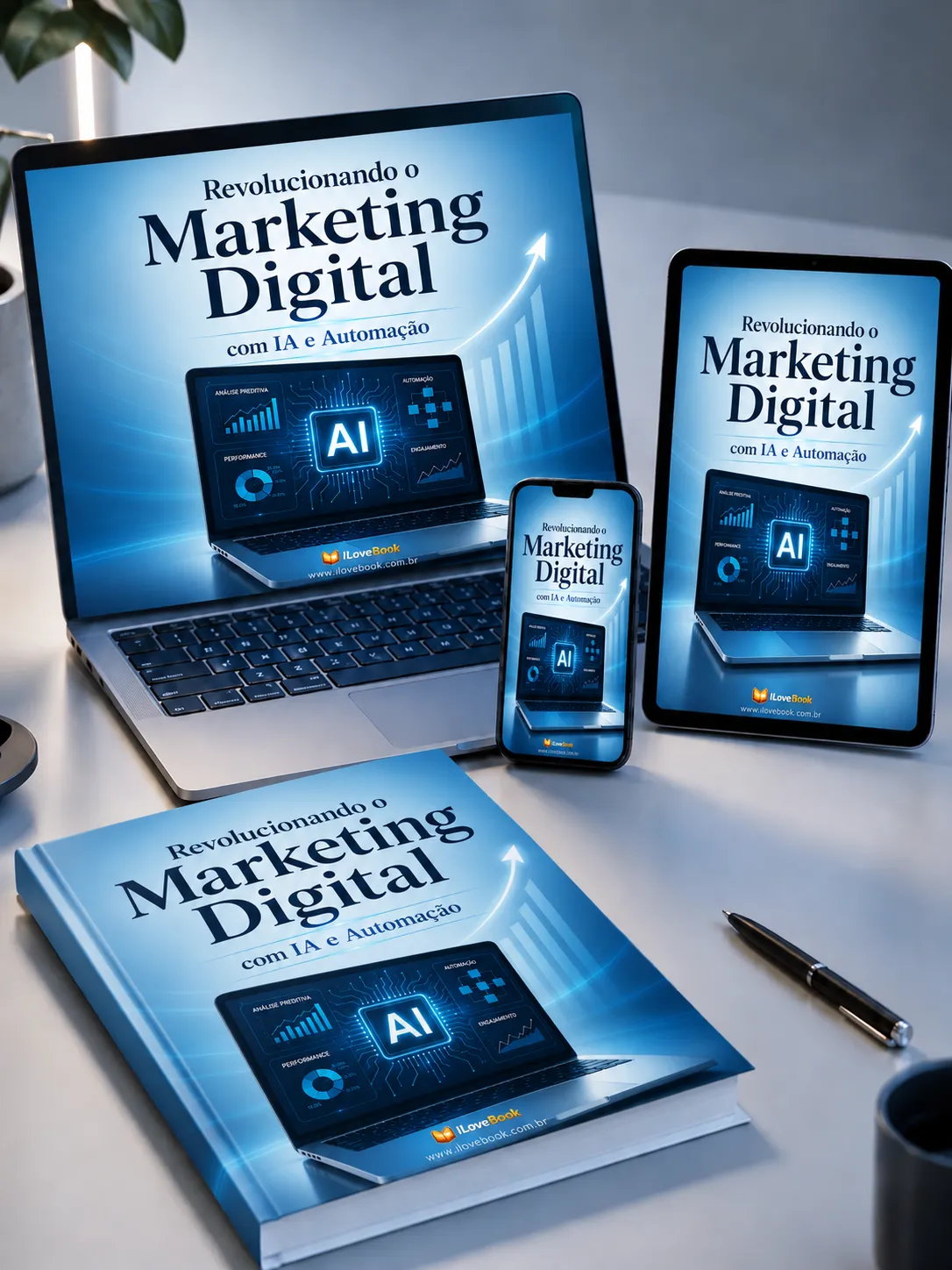 Mockup premium do ebook Revolucionando o Marketing Digital com IA e Automação
