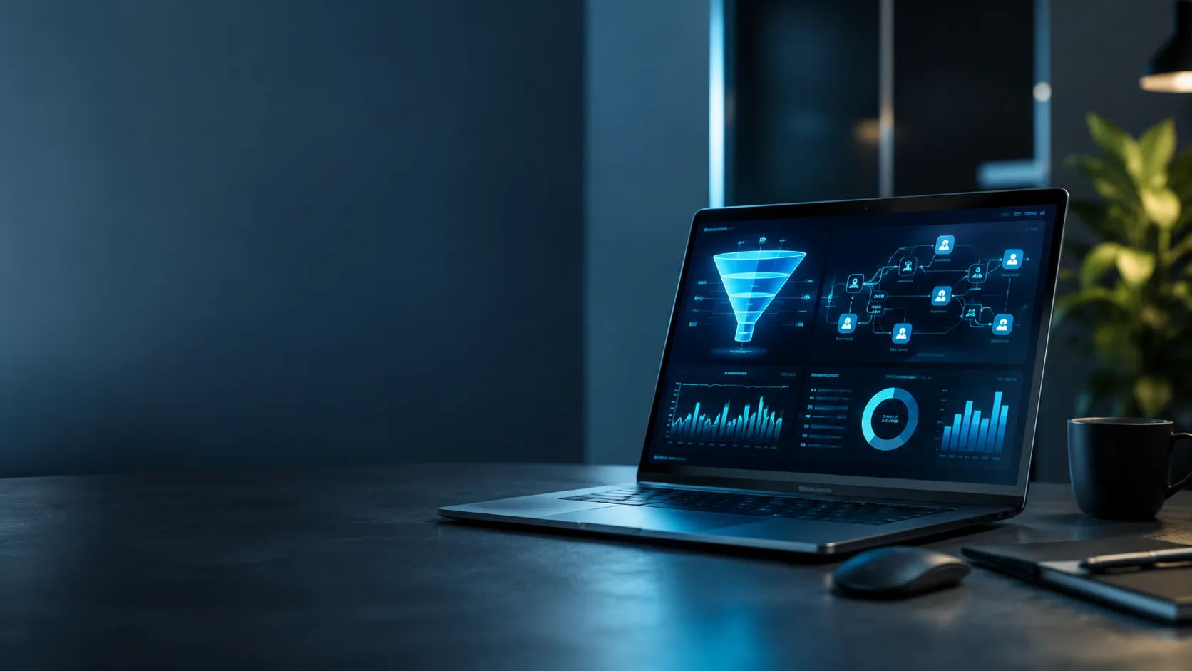 Dashboard futurista de marketing digital com inteligência artificial e automação