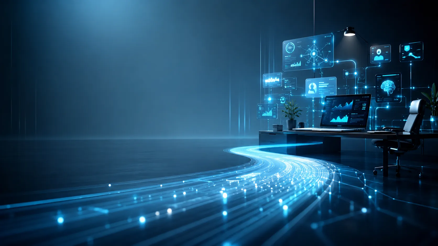 Caminho digital futurista conduzindo para um setup moderno de marketing com IA