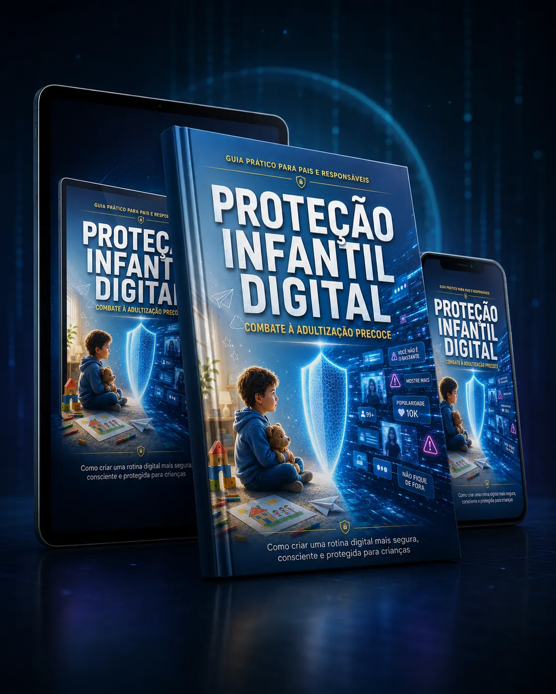 Mockup do guia Proteção Infantil Digital em ambiente premium