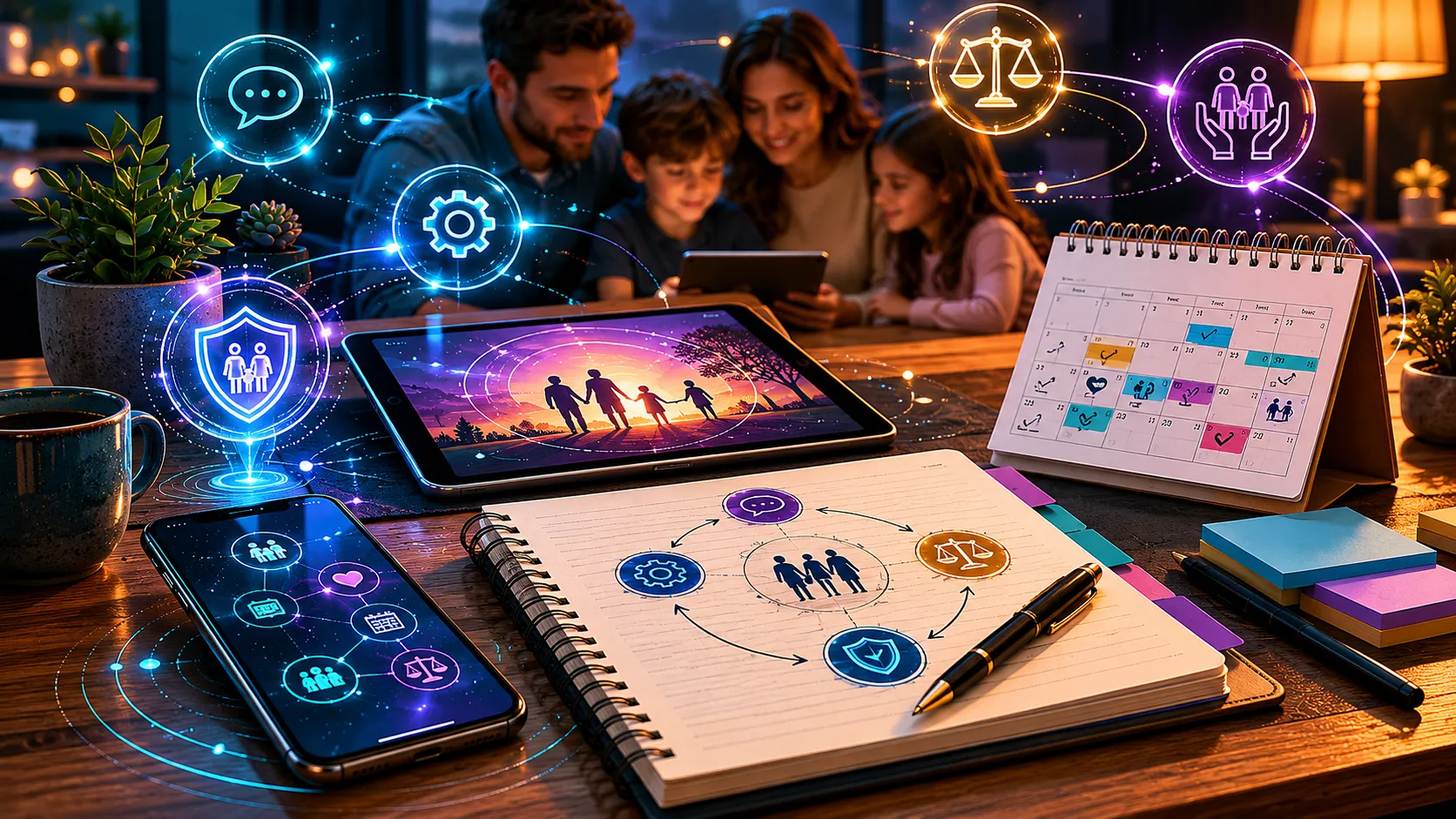 Família representando os quatro pilares de uma rotina digital protegida