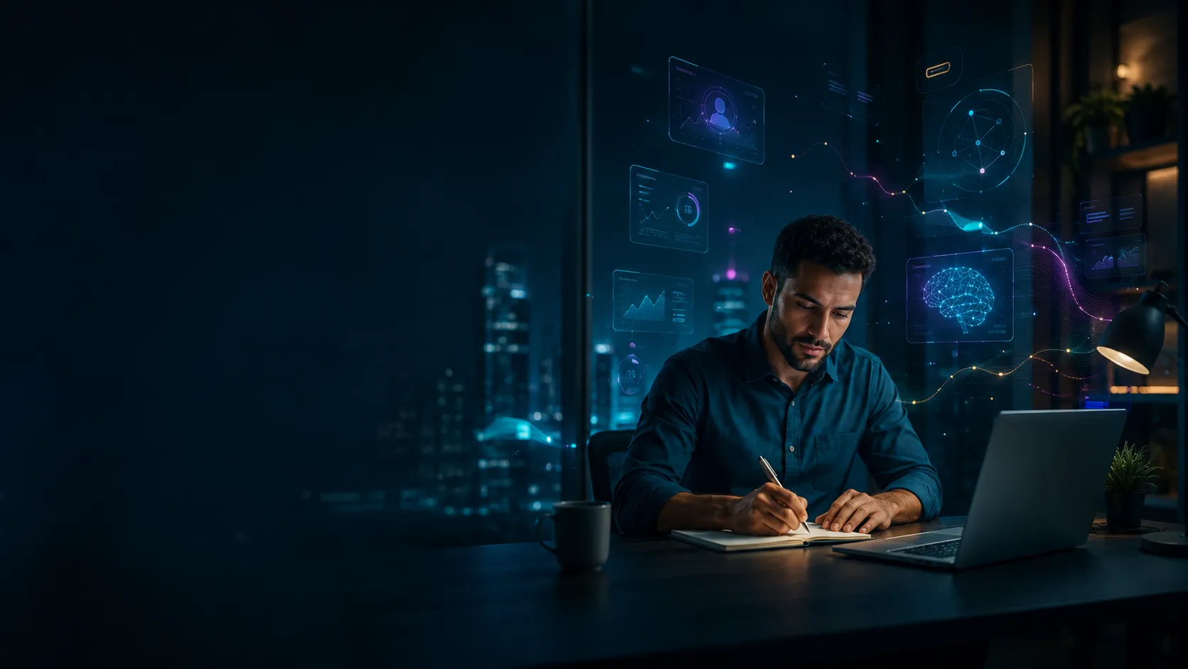Pessoa usando notebook em ambiente tecnológico para estudar renda extra online em 2026
