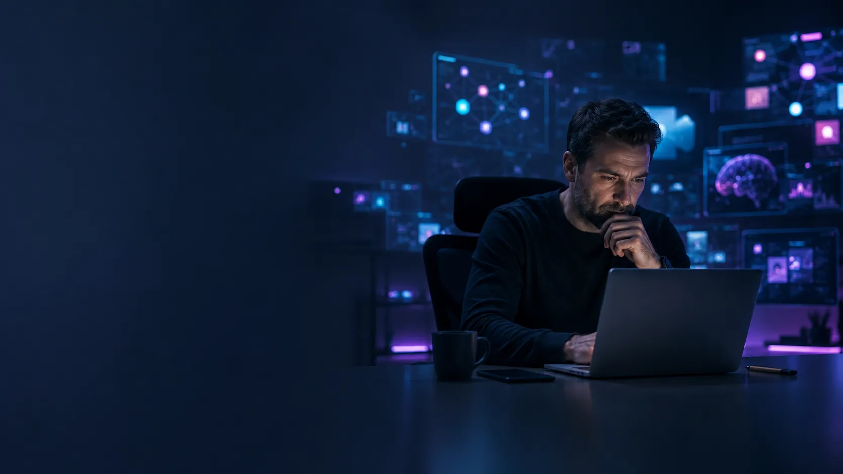 Pessoa confusa diante de várias opções de renda online, plataformas digitais e ferramentas de IA