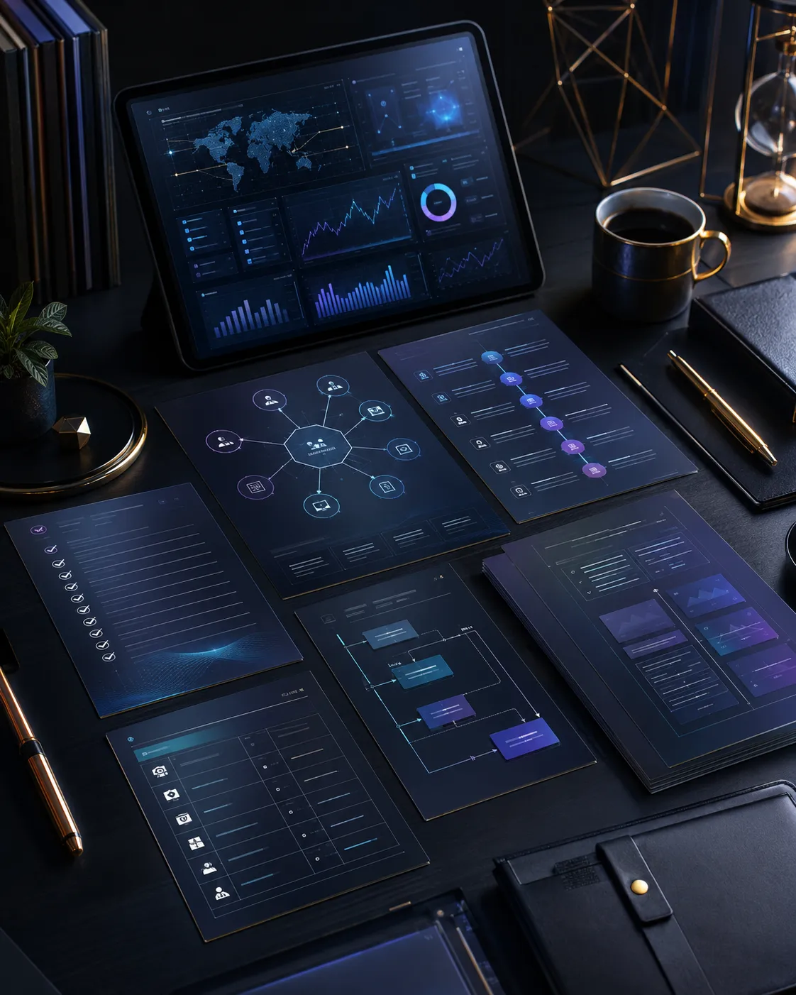 Materiais digitais de apoio como checklist, mapa de nicho e plano de ação organizados em tablet e notebook